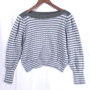Nine West Striped Cropped Sweater Women's XL Puff Sleeve Pullover Knit Gray Blue